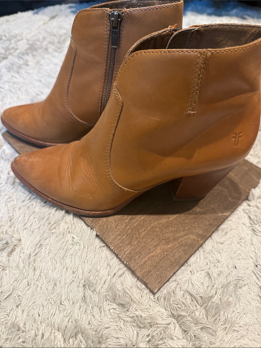 Frye Tan Leather Pointed Ankle Booties with Side Zip
